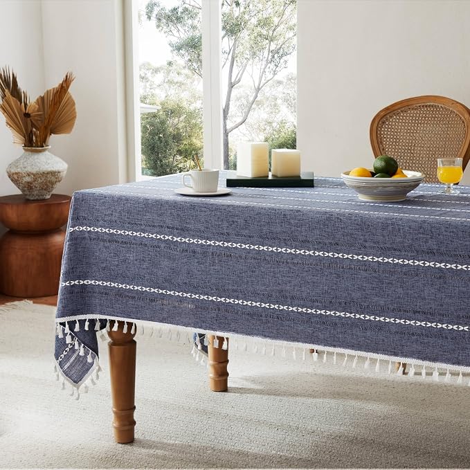 ZeeMart Hemstitched Embroidery Striped Boho Tablecloth 54x54 Inch Navy Blue, Heavy Weight Farmhouse Burlap Linen Navy Tablecloth, Wrinkle Resistant Washable Table Cloth for Square Table