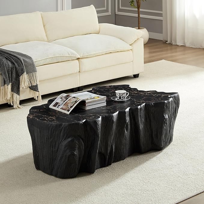 48.62" Coffee Table Modern Unique Shape Fiberglass Center Table for Living Room Apartment Office, No Need Assembly, Black Tree Root Texture Pattern