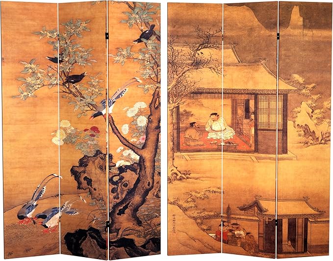 Oriental Furniture 6 ft. Tall Double Sided Chinese Landscapes Canvas Room Divider,Brown