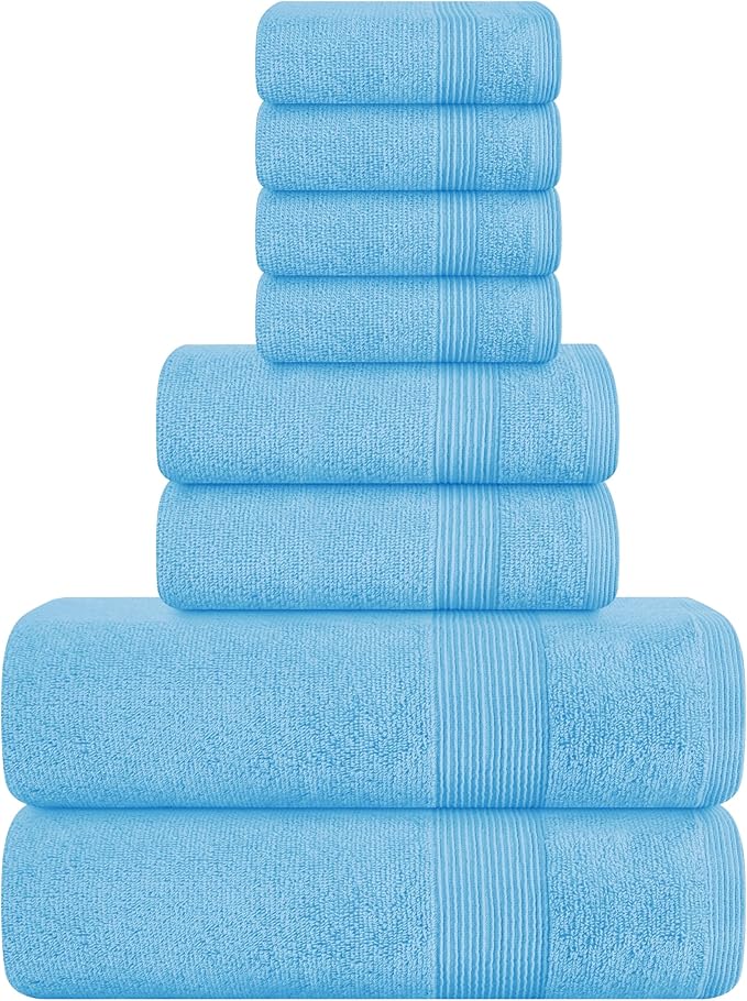 Belizzi Home 8 Piece Towel Set 100% Ring Spun Cotton, 2 Bath Towels 27x54, 2 Hand Towels 16x28 and 4 Washcloths 13x13 - Ultra Soft Highly Absorbent Machine Washable Hotel Spa Quality - Light Blue