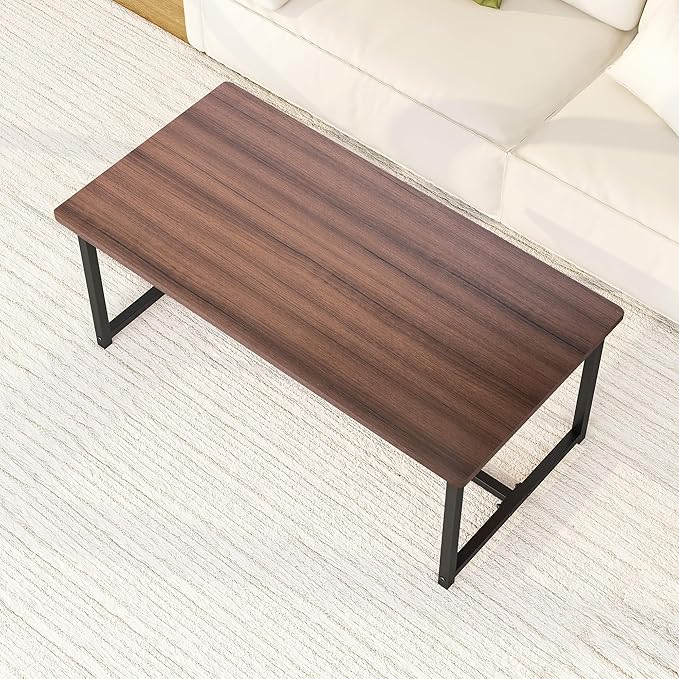 Walnut Coffee Tables Rectangular Center Table for Living Room Open Space Side Table with Metal Frame,Mid Century Modern Design,Easy Assembly,Wood Coffee Table