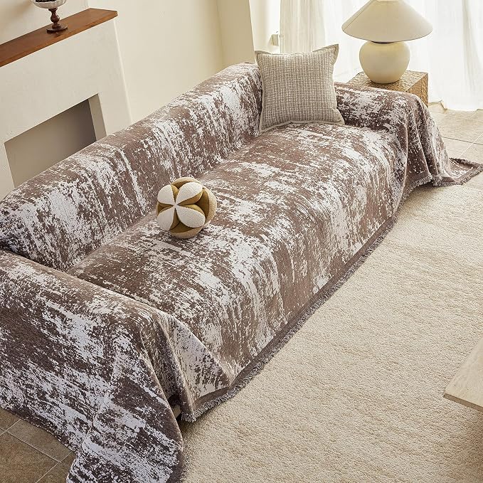 VClife Boho Couch Cover, Non Slip Soft Couch Covers for 2 Cushion Couch Sofa Pet Friendly, Irregular Vintage Brown Off-White Scraped Texture Furniture Protector Sofa Slipcover for Dog, 71" X 118"