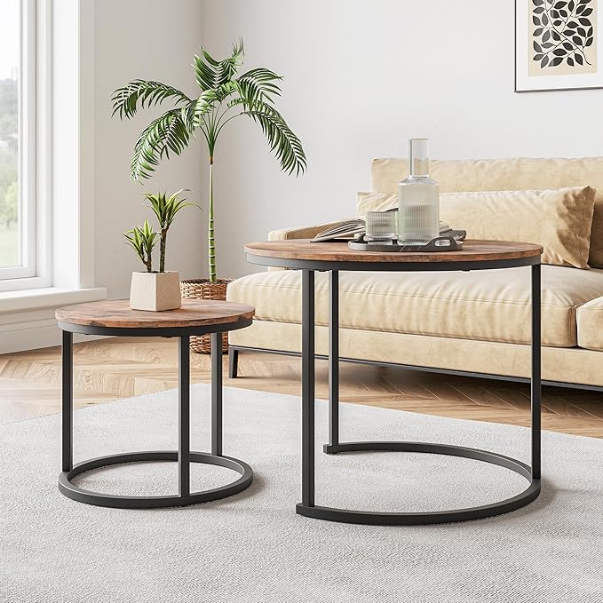 HOJINLINERO Round Coffee Table,Nesting Coffee Table Set of 2,Center Tables for Living Room,Office, Home Small Space,Stacking Side Tables,Sturdy and Easy Assembly,Wood Desktop,Rustic Brown,Small