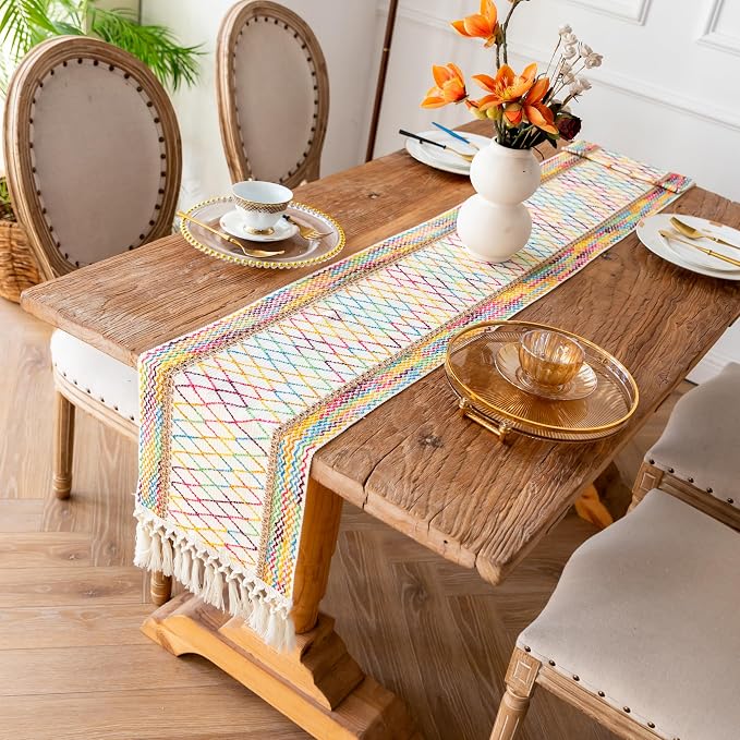 EMMTEEY Macrame Table Runner Boho Style - Scratch & Heat Resistant, Hexagonal Grid Cotton Linen Table Runner with Tassels for Home Decor/Bedroom (12"X108", Colorful)
