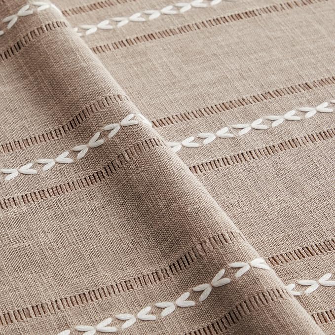 ZeeMart Hemstitched Embroidery Striped Boho Tablecloth 54x54 Inch Taupe, Heavy Weight Farmhouse Burlap Linen Light Brown Tablecloth, Wrinkle Resistant Washable Table Cloth for Square Table