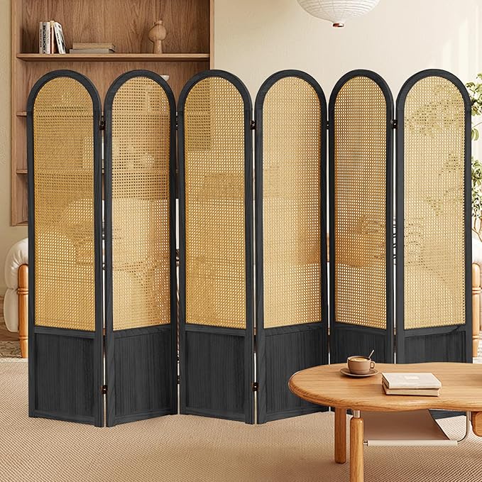 Room Divider 6 Panels, Folding Privacy Screen, Foldable Wood Rattan Room Divider Panel, Portable Partition Screen, Wall Divider for Room Separation Bedroom Home Office Garden Terrace (Black)