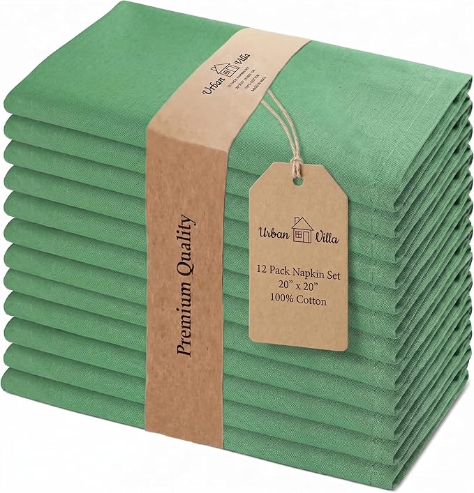 Urban Villa Cloth Napkins 100% Cotton Highly Absorbent Washable Durable Reusable Premium Dinner Napkins Ideal for Gifts for Mothers Day Hotel Farmhouse Parties - Green (20" x 20", Set of 12)