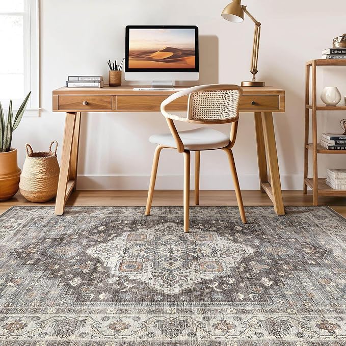 8x10 Area Rugs Living Room: Washable Boho Large Neutral Vintage Soft Rug Stain Resistant Farmhouse Non-Slip Indoor Floor Carpet for Bedroom Nursery Kids Office Dining Room Playroom- Grey Brown