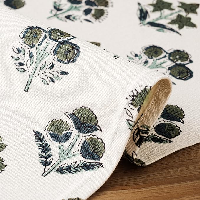 100% Cotton Block Print Floral Table Runners, 13x36 Inch Olive Farmhouse Table Runners 36 Inches Long Boho Flowers Home Decors
