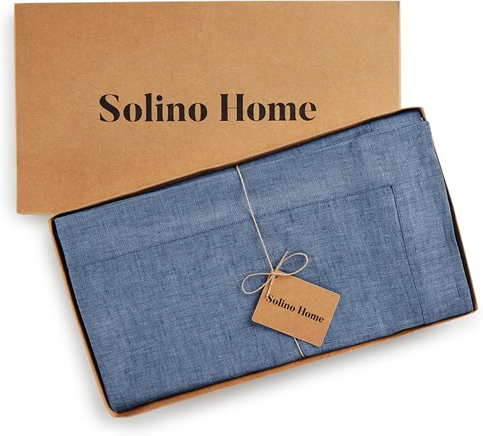 Solino Home Linen Tablecloth 60 x 120 Inch - 100% Pure Linen Blue Denim Table Cloth for Rectangle Tables - Athena, Machine Washable Tablecloth for Summer