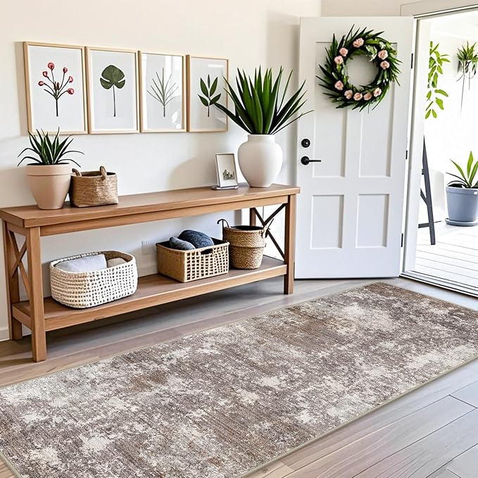 4x8 Area Rug for Indoor Entrance– Non-Slip Washable Door Mat for Entryway Kitchen Hallway Bedroom – Modern Abstract Low-Pile Thin Wide Rubber Backed Floor Mats (Brown Beige, 4x8)