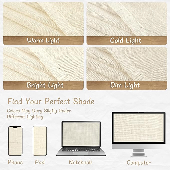 LAMIT Beige Linen Cafe Curtains 30 Inch Length for Small Windows, Light Filtering Semi Sheer Drapes Back Tab and Rod Pocket Short Panels for Kitchen/Bathroom/Basement, 2 Panels, 34 x 30 Inch