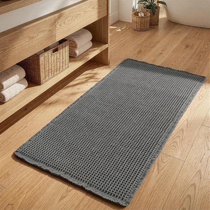 MIULEE Waffle Bathroom Runner Rugs, Super Absorbent Non Slip Bath Rug, Upgraded Soft Quick Dry Washable Boho Long Bath Mat with Tassels for Hallway Laundry Room Bedroom, 2'x4' (24"x48"), Dark Grey