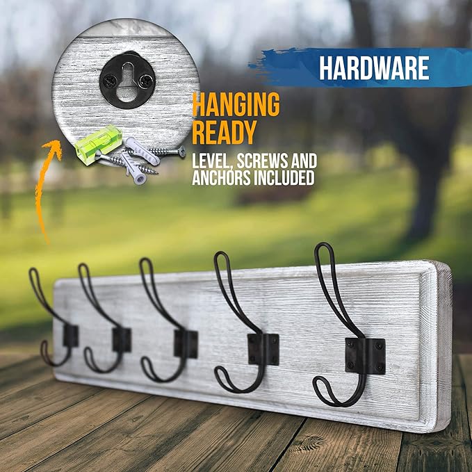 HBCY Creations Rustic Coat Rack - Wall Mounted Whitewash 24" Entryway Coat Hooks - 5 Rustic Hooks, Solid Pine Wood. Perfect Touch for Your Entryway, Kitchen, Bathroom... (Whitewash)