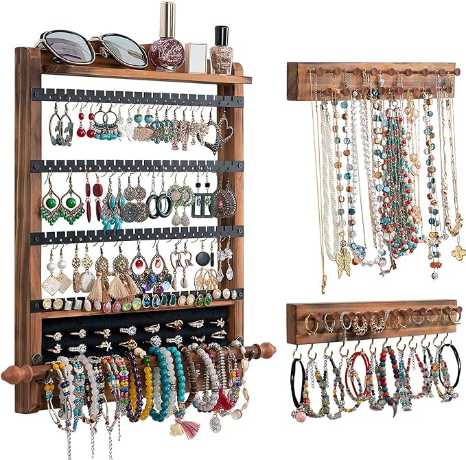 3Pcs Jewelry Organizers and Storage,Wood Earring Organizer,Hanging Jewelry Organizer,Rustic Wall Jewellery Organizer,Wall Mounted Earring Holder for Storage Display Gift (Brown+Black)