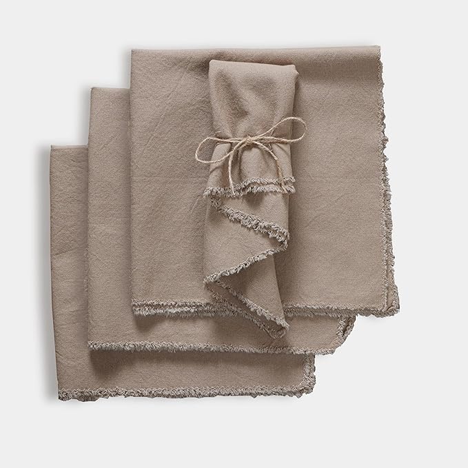 Palisa Premium Cotton Dinner Napkins Set of 4 | Desert Beige Frayed Edge Rustic Farmhouse Table Linen | Soft Washable Long Lasting Durable Cloth Serviettes for Wedding Dining Decor 18x18 Inch