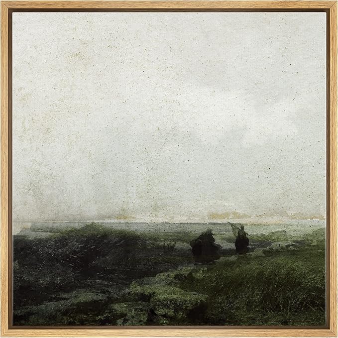 SIGNWIN Framed Canvas Print Wall Art Minimalist Stormy Beach Fisherman Horizon Nature Wilderness Illustrations Fine Art Farmhouse/Country Minimal for Living Room, Bedroom, Office - 16"x16" Natural