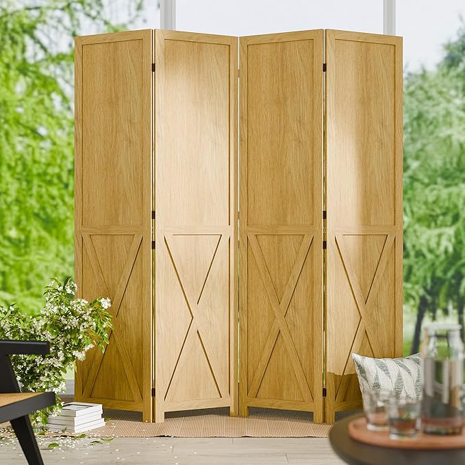 Cozy Castle 4 Panel Folding Room Divider, Solid Wood Privacy Screen, Freestanding Partition Wall, Temporary Wall for Home/Office/Bedroom/Restaurant, Natural