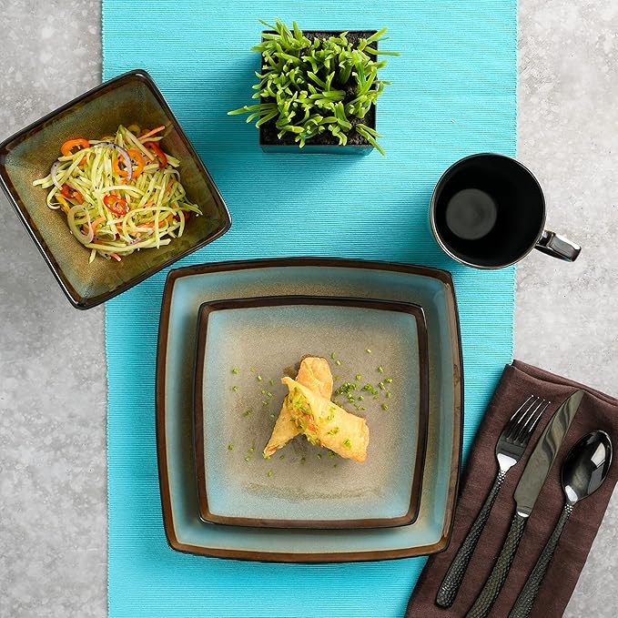 Gibson Elite Tequesta Square Reactive Glaze Stoneware Plates and Bowls Dishes Dinnerware Set, Service for 4 (16pcs), Taupe