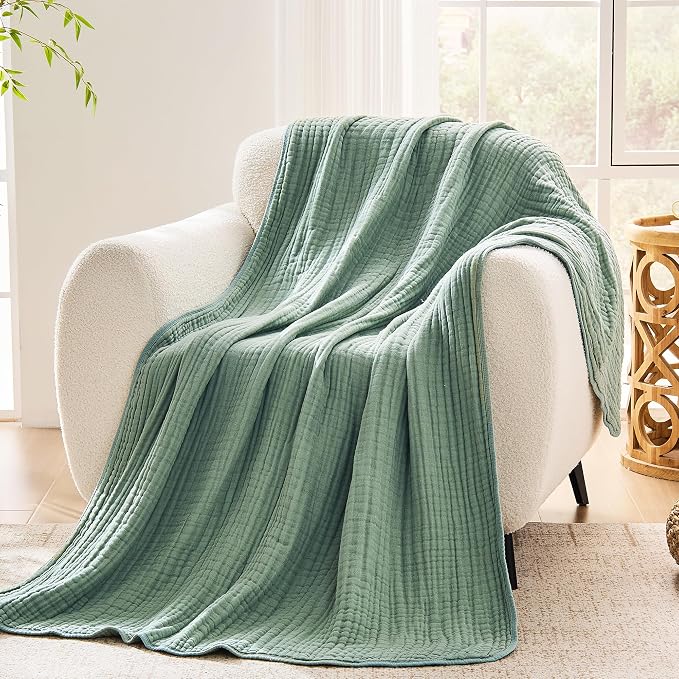 VANJOROY 9-Layer Muslin Throw Blanket 50" x 70" Teal, 100% Cotton Organic Breathable Lightweight Large Throw for Couch Bed Quilt and Bedspread - All Season Muslin Soft Gauze Blanket