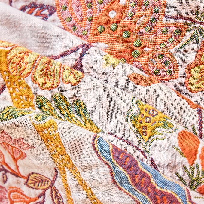 VANJOROY Boho Throw Blanket 80" x 90", 100% Organic Cotton Breathable Skin-Friendly Ultra Soft Bed Quilt Throw - Floral Rustic Decor Luxury Reversible Blanket for Sofa Couch Chair and Gift,
