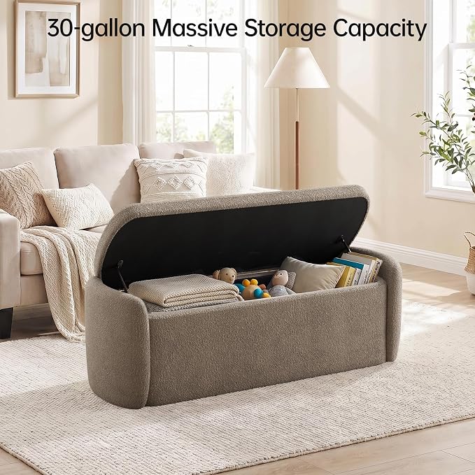 VKNOW 51" Storage Ottoman Bench, Upholstered End of Bed Bench with Smooth Hinges, Oval Large Ottoman Bench for Bedroom, Living Room and Hallway Entryway, Brown
