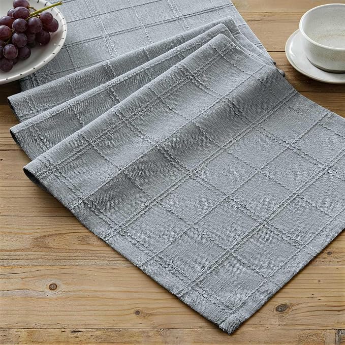ZeeMart Linen Checked Farmhouse Table Runner, 13x60 Inches Chambray | Raised Grid Design, Rich Woven Texture, Linen Blend Table Runners 60 Inches Long, Machine Washable, Boho Home Kitchen Decor