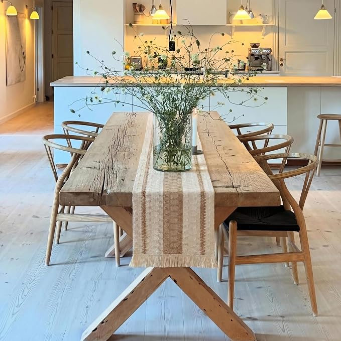 Farmhouse Decor Boho Table Runner with Macrame, Elegant Beige Brown Coffee Table Runners 108 Inches Long, Rustic Home Decor Boho Decorations for Dining Room Kitchen Baby Bridal Shower (12"×108")