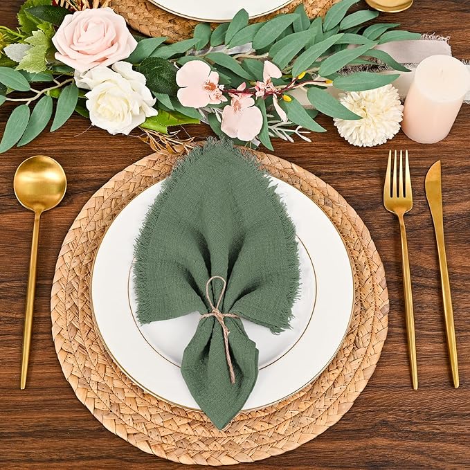 50 Pack Olive Green Napkins Cotton Linen Napkins Bulk 16 x 16 Inch Green Cloth Napkin with Fringe Rustic Handmade Washable Dinner Napkin Cloth for Wedding Party Bridal Shower
