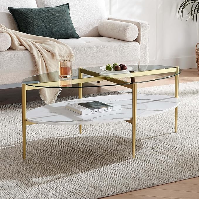 LumFurn Oval Glass Coffee Table, Mid-Century Modern Design, L43 x W22 x H17 inch, Surfboard Shaped Clear Glass Top and White Marble Finish Wood Shelf, Tapered Legs with Gold Finish Frame