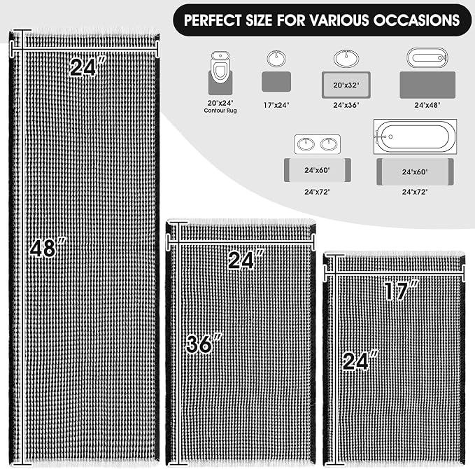 Upgraded Waffle Bath Mat Set 3 Piece Black & White, Super Absorbent Non-Slip Quick Dry Bathroom Rugs with Tassels, Machine Washable Ultra Soft Boho Bath Rugs for Floor,Toilet Mats Boho Farmhouse Decor