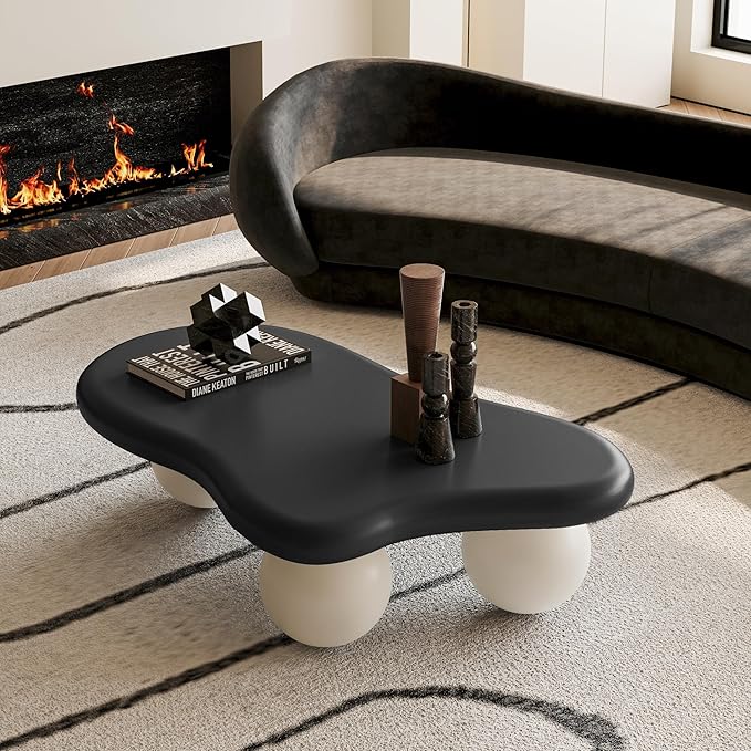 40" Cloud Coffee Table for Living Room Irregular Coffee Table Modern Low Coffee Tables Abstract Faux Stone Cute Center Table with 3 Ball Legs for Small Space Apartment (Black & White)
