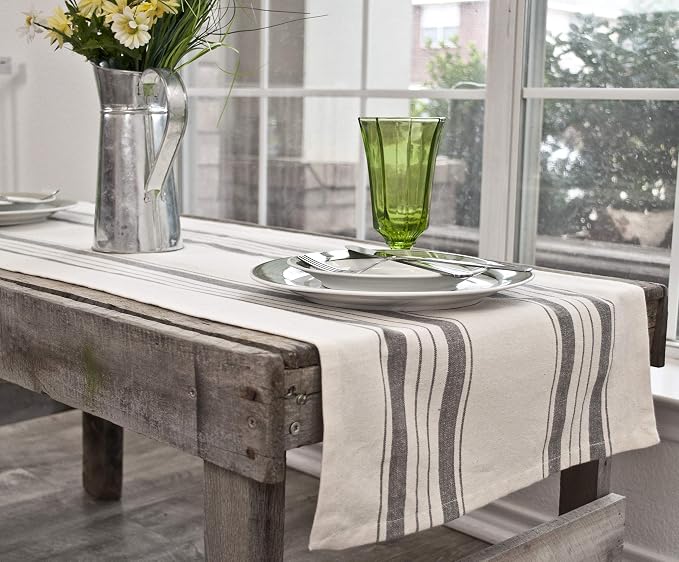 Gray Beige Stripped Farmhouse Cotton Table Runner, Dresser Scarf, Coffee Table Runner, Rustic Décor (17Wx54L)