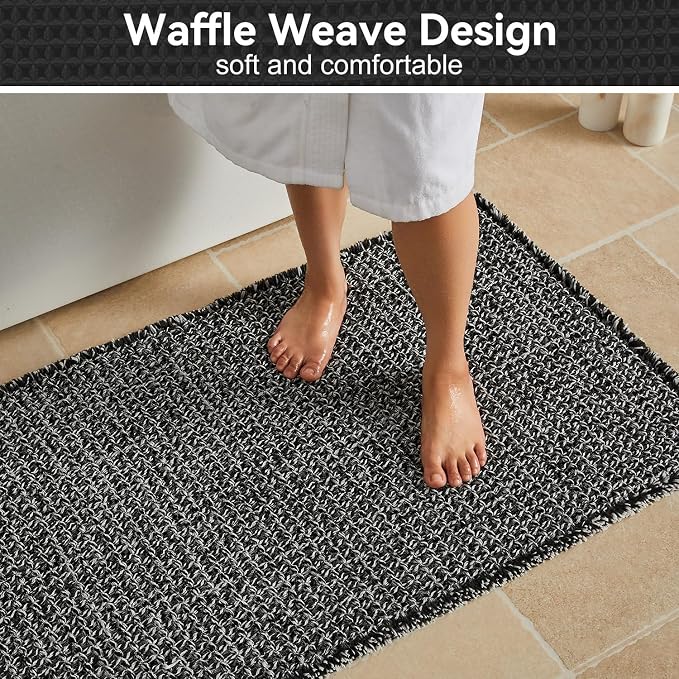 Triohero Waffle Runner Bath Mat - Long Bathroom Rugs Non Slip Washable, Ultra Soft Super Absorbent Quick Dry Boho Farmhouse Bathroom Decor, 24" x 72", Black & White