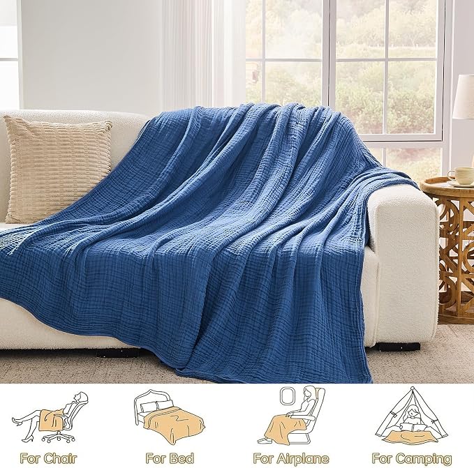 VANJOROY 9-Layer Muslin Throw Blanket Queen 90" x 90" Blue, 100% Cotton Organic Breathable Lightweight Large Throw for Couch Bed Quilt and Bedspread - All Season Muslin Soft Gauze Blanket