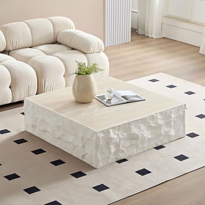 Square Coffee Table for Living Room Modern Center Table for Apartment, No Need Assembly (Fiberglass 35.43'' Cement Stone Pattern)
