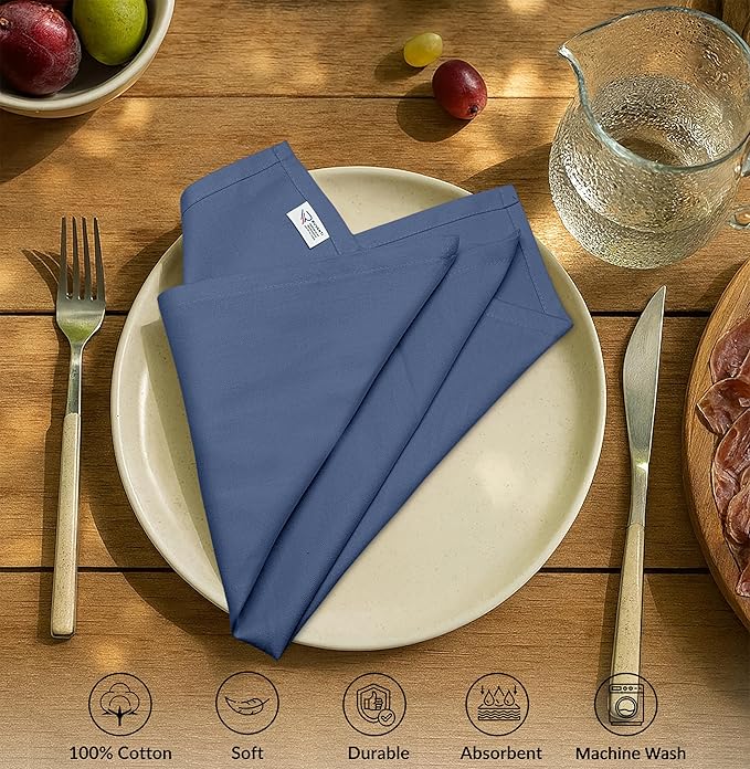 Ruvanti Cloth Napkins Set of 12, 100% Cotton High GSM 18x18 Inches Soft, Washable, Highly Durable & Absorbent, Perfect for Parties, Christmas, Thanksgiving Dinners – Bijou Blue