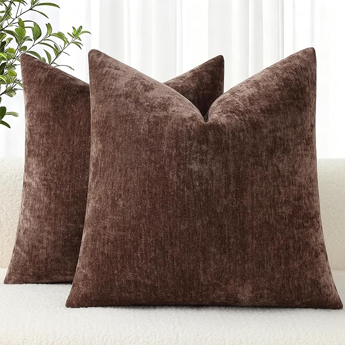 decorUhome Chenille Reddish Brown Throw Pillow Covers 16x16 Inch Set of 2, Decorative Soft Couch Pillow Covers Solid Dyed Accent Farmhouse Neutral Square Pillow Cases for Sofa