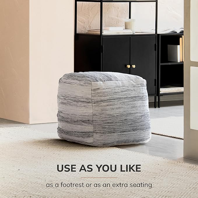 Anji Mountain Pouf Ottoman Foot Rest, Handmade Ottoman Pouf, Comfortable Foot Stool, Decorative Floor Seating for Living Room Decor, Bedroom & Home Décor Accent - Graphite Stripe