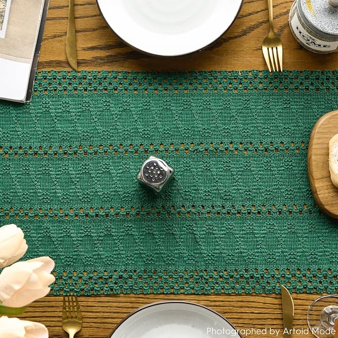 Artoid Mode Dark Green Farmhouse Woven Rustic Hollow Table Runner, Seasonal Holiday Kitchen Dining Table Decoration for Home Party Decor 12x36 Inch