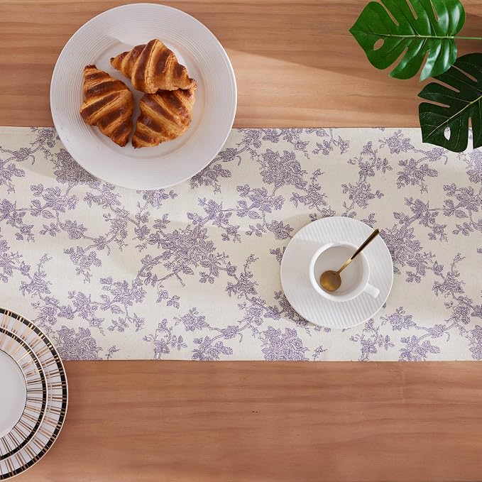100% Cotton French Pastoral Table Runners, 13x48 Inch Purple Farmhouse Table Runners 48 Inches Long, Vintage Flowers Print Home Decors