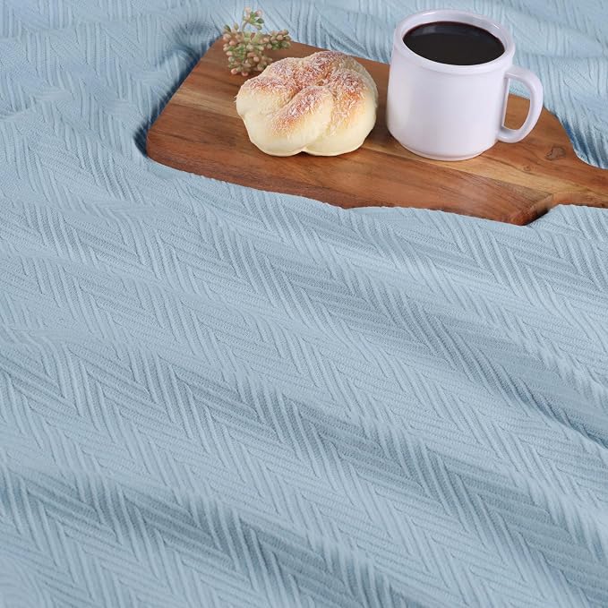 Superior Metro All-Season Cotton Blanket, Woven Blanket for Couch, Bed, Bedding, Farmhouse, Home Essentials, Cute and Cozy Bohemian Blankets, Herringbone Weave, California King, Light Blue