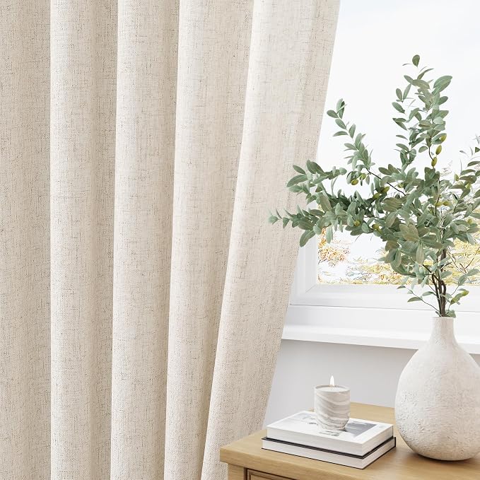 Aersas Natural Pinch Pleat Linen Curtains 136 Inch Length 2 Panels Set for Bedroom Dining Room Semi Sheer Linen Boho Farmhouse Neutral Window Curtains for Living Room Nursery Natural Cream 50x136