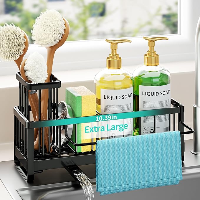 HapiRm Sponge Holder for Kitchen Sink - Self-draining Sink Caddy with Brush and Dishcloth Holder, Stainless Steel Sponge Caddy for Countertop - Black(Large)
