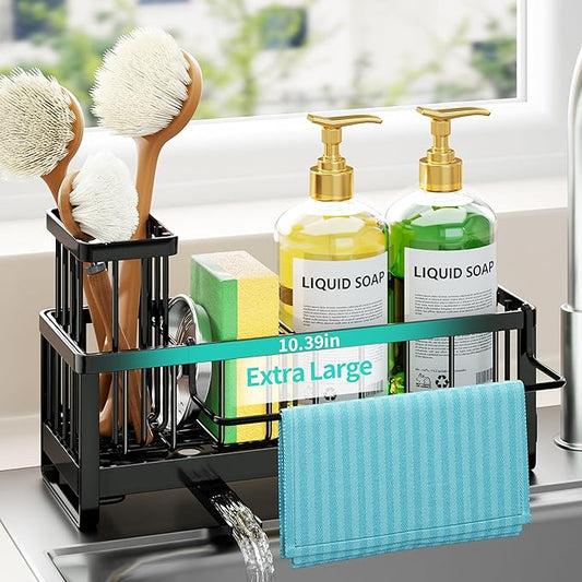HapiRm Sponge Holder for Kitchen Sink - Self-draining Sink Caddy with Brush and Dishcloth Holder, Stainless Steel Sponge Caddy for Countertop - Black(Large)