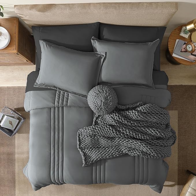 Monbix California King Size Comforter Set - 7 Pieces Bed in a Bag California King, Grey Bedding Sets with Comforter, All Seasons Comforter Bed Set with Sheets, Pillowcases & Shams