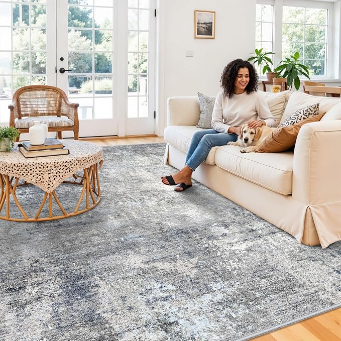 8x10 Washable Living Room Rug – Modern Neutral Abstract Large Area Rug for Bedroom Dining Room Kitchen Home Office Under Table – Non-Slip Low Pile Soft Thin Indoor Carpet（Blue Grey,8x10）