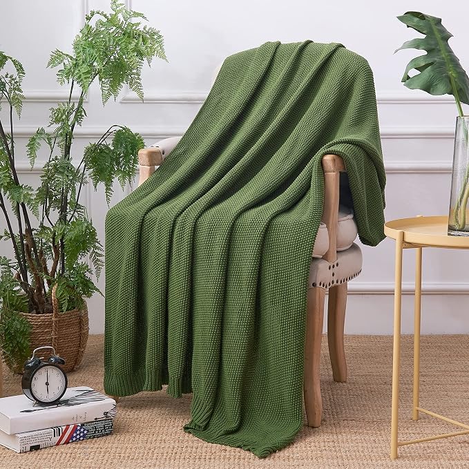 Longhui bedding Olive Green Cotton Cable Knit Throw Blanket for Couch Sofa Bed, Home Decorative Lightweight Knitted Blankets with Bonus Laundering Bag, 50“ x 60”, Machine Washable