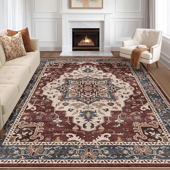 7x9 Area Rug Living Room: Washable Boho Large Neutral Vintage Soft Rug Stain Resistant Farmhouse Non-Slip Indoor Floor Retro Carpet for Bedroom Nursery Kids Office Dining Room- Burgundy