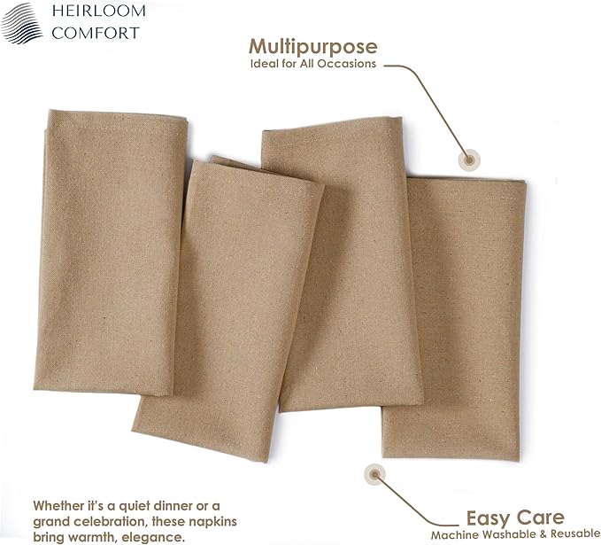 Beige Cloth Napkins 17x17 Inch - 100% Cotton, Soft, Reusable, Absorbent, Washable - 12 Pack - Ideal for Dinner, Thanksgiving, Fall, Weddings, Baby Showers, Holiday, Everyday Dining